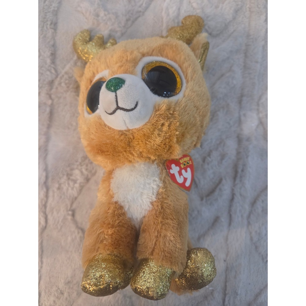 Ty Beanie Boos Glitzy Reindeer Gold Glitter Holiday Plush Tan‎ 6 inch NWT